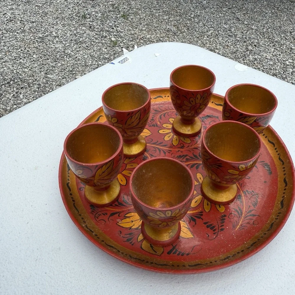 Vintage Wooden Khokhloma Vodka Shot Glasses with‎ Tray